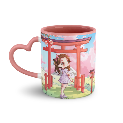 Kubek Muffinka w Japonii z różowym środkiem i uchwytem serce